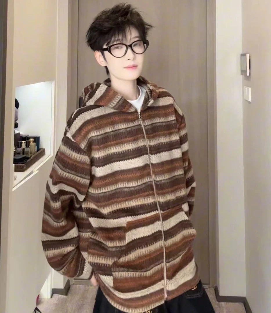 日系条纹慵懒秋季新款卫衣男美式复古毛呢宽松系休闲帽衫外套