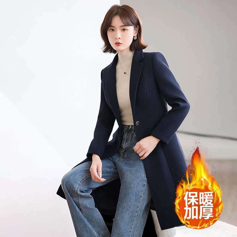 藏青色毛呢大衣女2026新款秋冬加厚美容院珠宝店职业装工作服外套