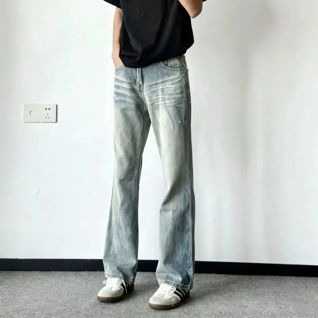 2025秋季美式复古cleanfit水洗浅蓝牛仔裤男女同款宽松直筒微喇裤