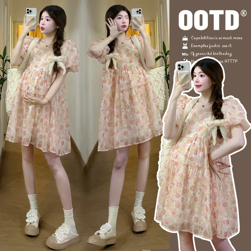 孕妇夏装法式高级感a字裙2025新款小个子短袖气质碎花雪纺连衣裙