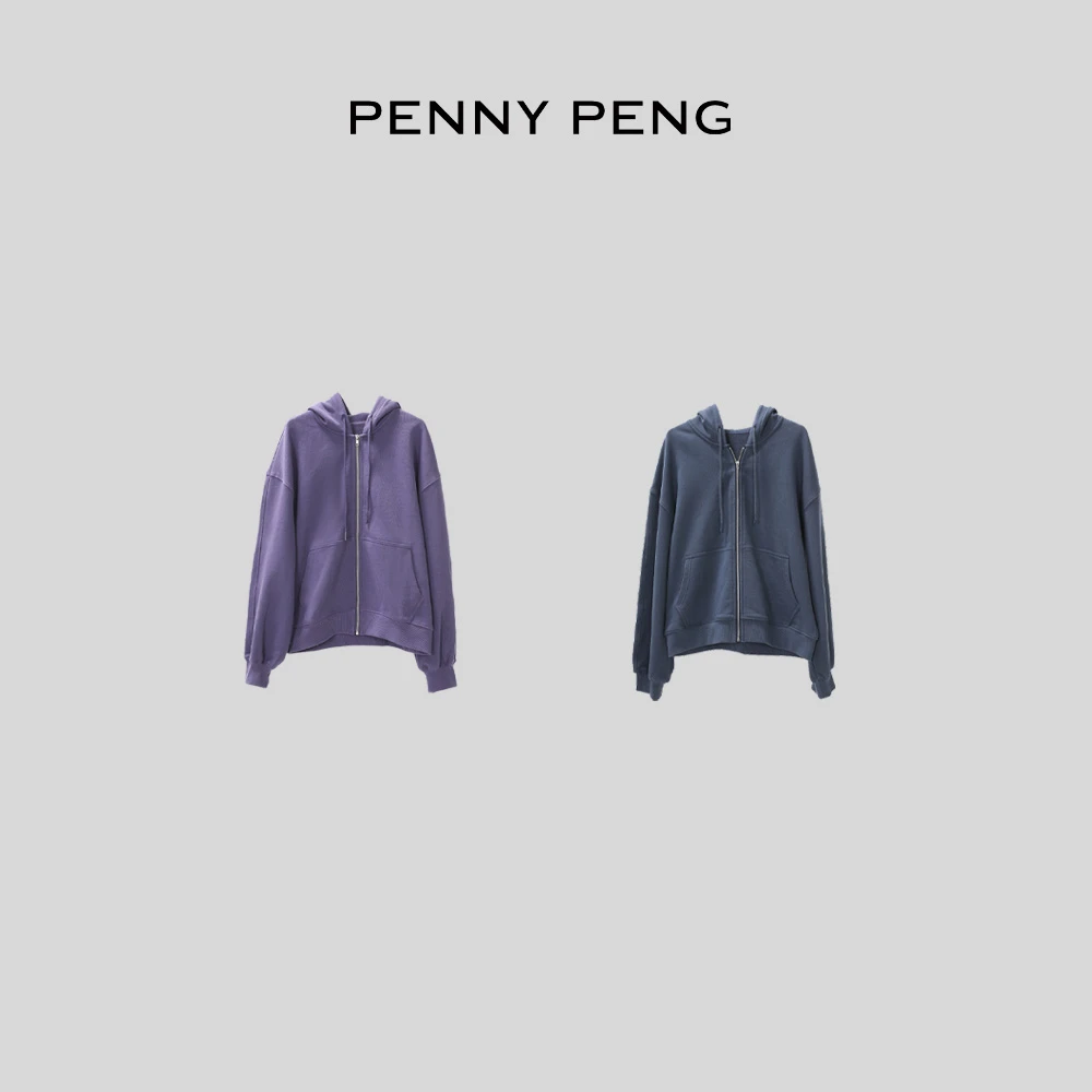PENNYPENG风铃草春季时尚简约宽松洋气百搭两色短款连帽休闲卫衣