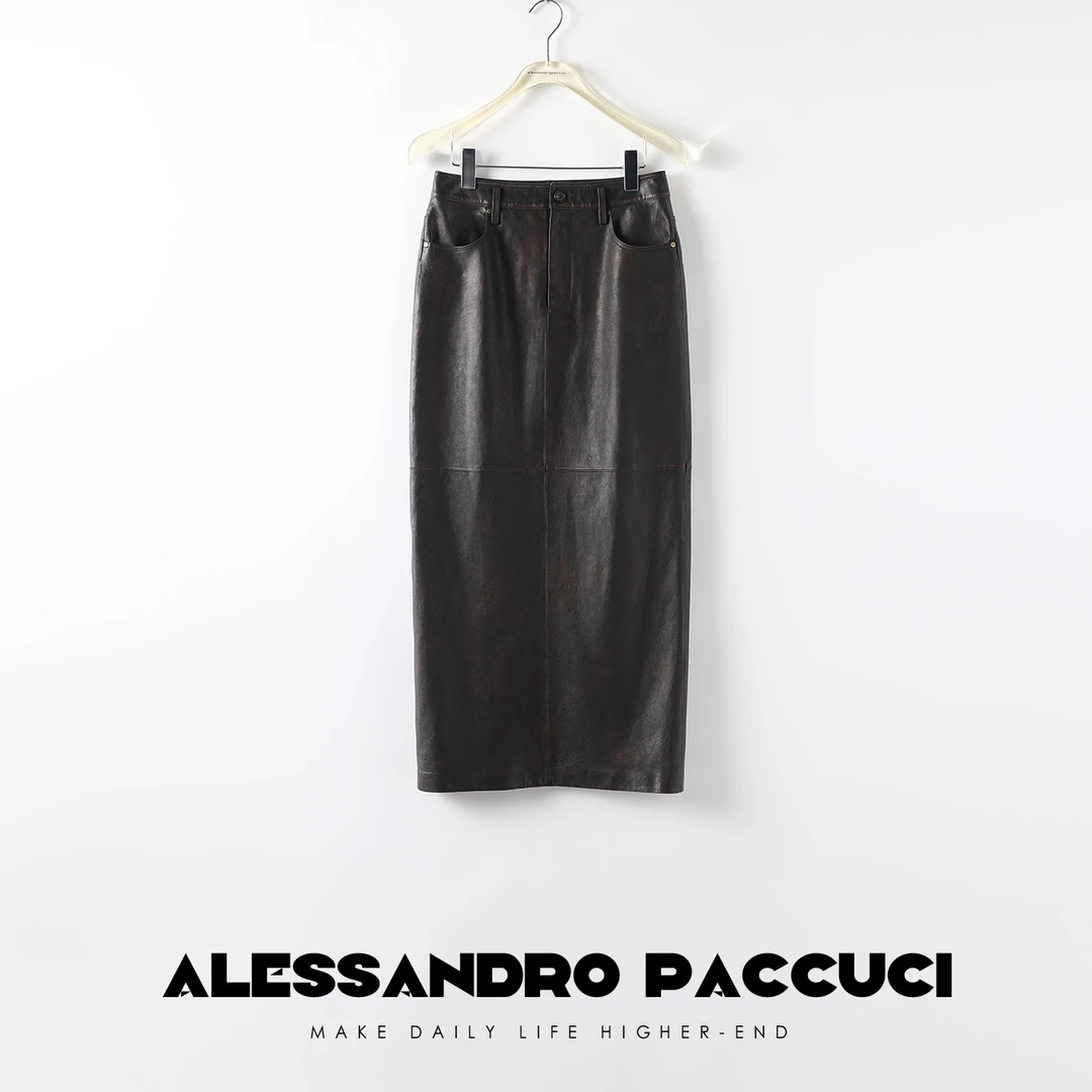 【孤品特价不退换】洛哥21325植鞣擦色绵羊皮复古开叉高腰皮裙包