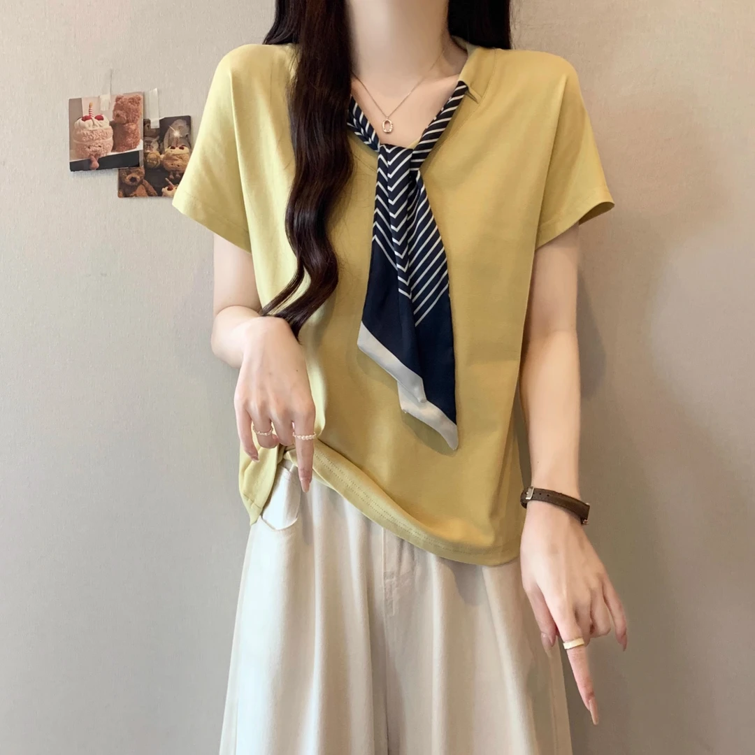 大码女装v领气质领带正肩短袖T恤女夏季胖妹妹遮肚子显瘦别致上衣