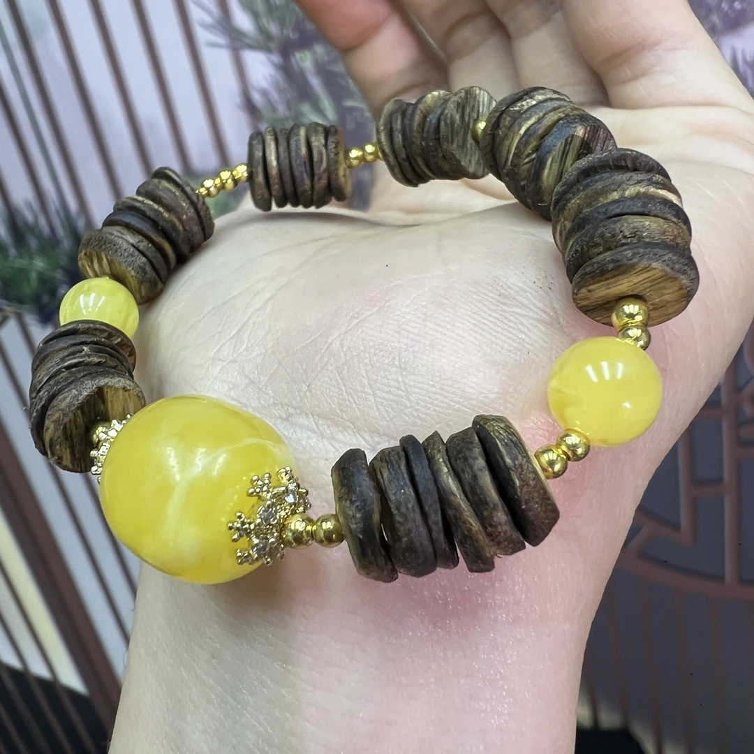 沉香天然奇楠沉香木拼接蜜蜡手链国风小众设计手饰串058