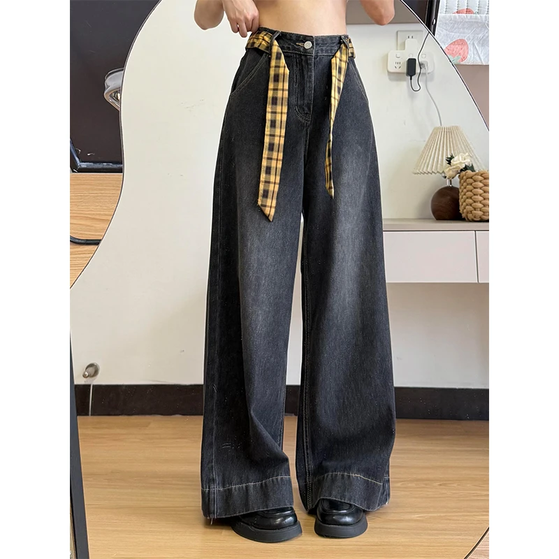 设计感蝴蝶结系带拖地牛仔裤女夏季新款黑灰色显瘦高腰垂感直筒裤