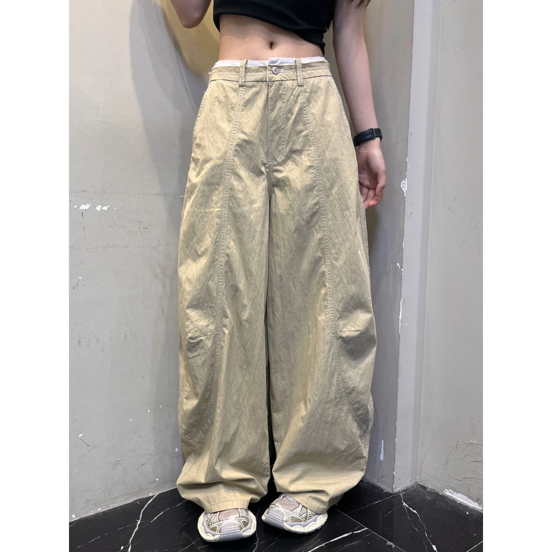 凡Fan【松弛气场】美式复古简约皱皱感廓形拼接腰头设计弯刀裤