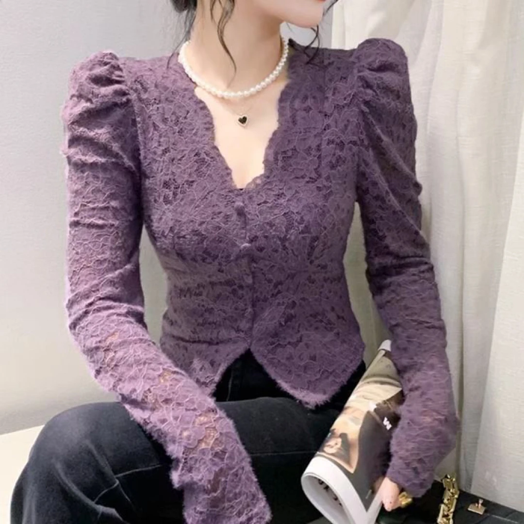 依依家大码女装秋冬泡泡袖磨毛V领加厚蕾丝长袖修身显瘦女上衣