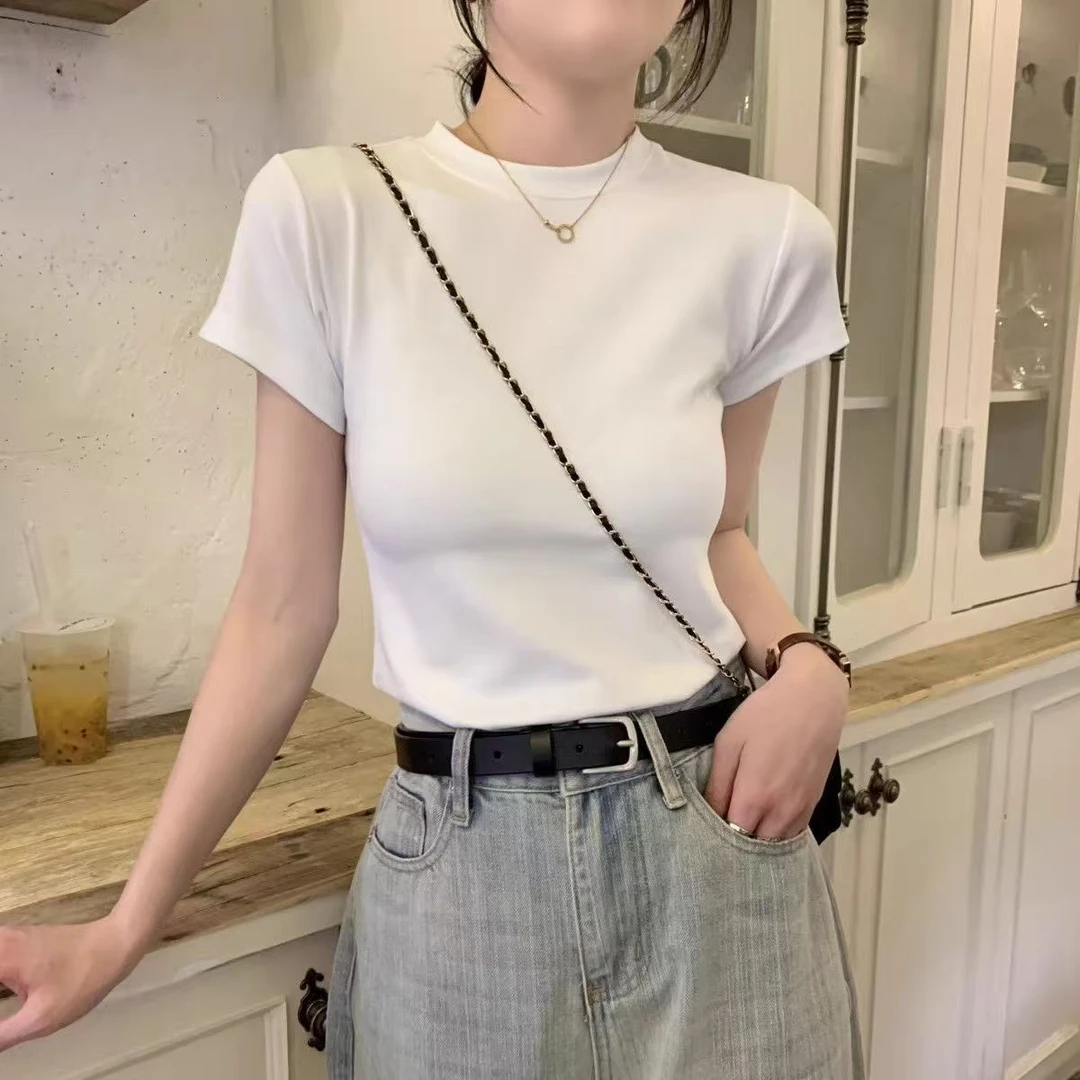 H简约小众短袖t恤女2025新款小圆领透气基础款内搭修身显瘦打底衫