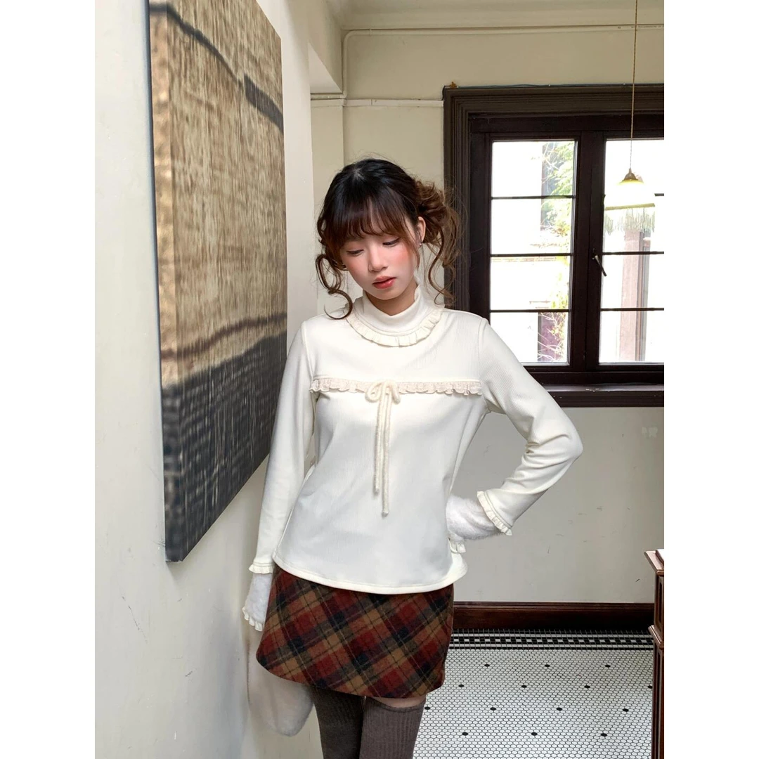 蝴蝶结花边Lolita长袖高领T恤内搭女2025春季柔软保暖德绒打底衫