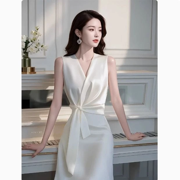 5529夏季法式纯色绝美收腰显瘦轻奢风连衣裙女高级感礼服女