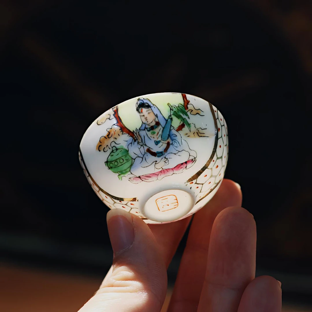 【老潮州工夫茶杯】8/90年代观音蛋壳杯25ml 纯手绘老杯子