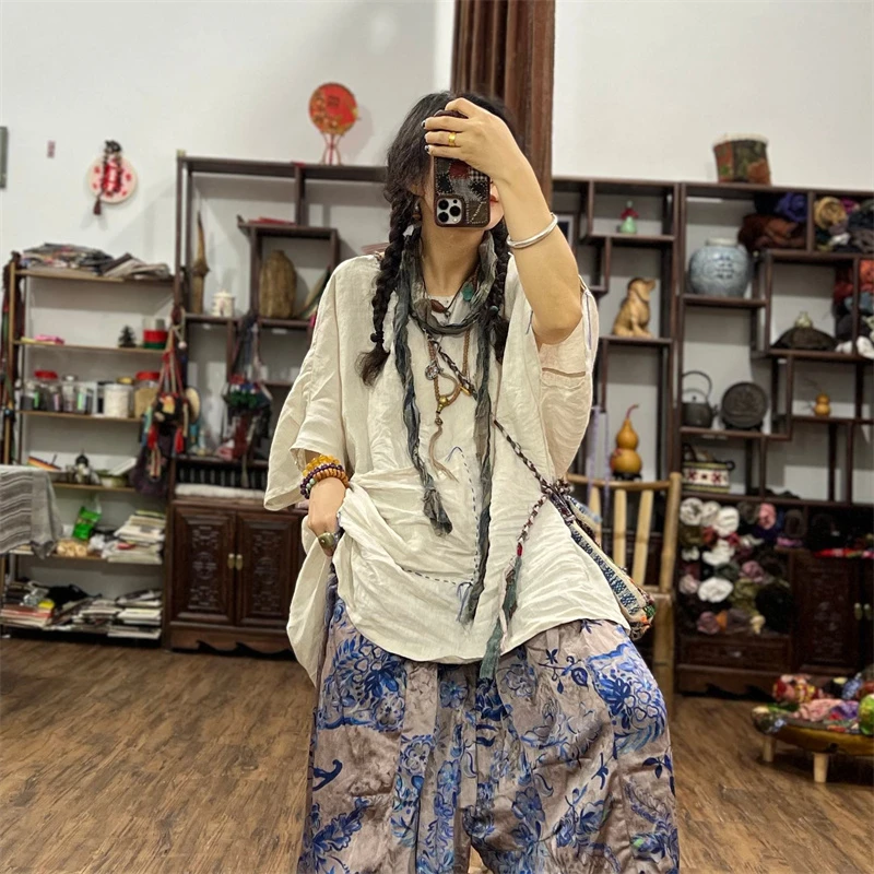 sx文艺亚麻圆领纯色套头薄款小衫夏季新款简约大口袋慵懒风上衣