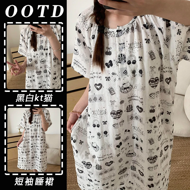 日系风黑白Kitty猫睡裙女夏季新款卡通印花可外穿圆领短袖家居服