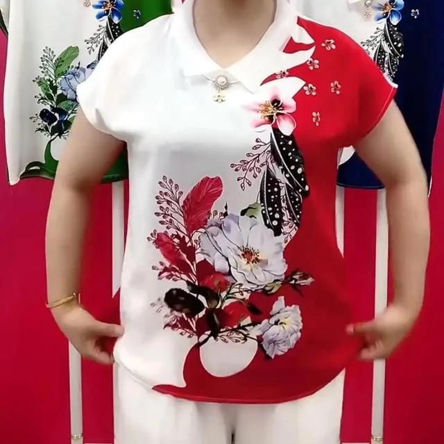 2025夏季新款短袖衫短款娃娃领印花宽松遮肉时尚洋气百搭妈妈装新