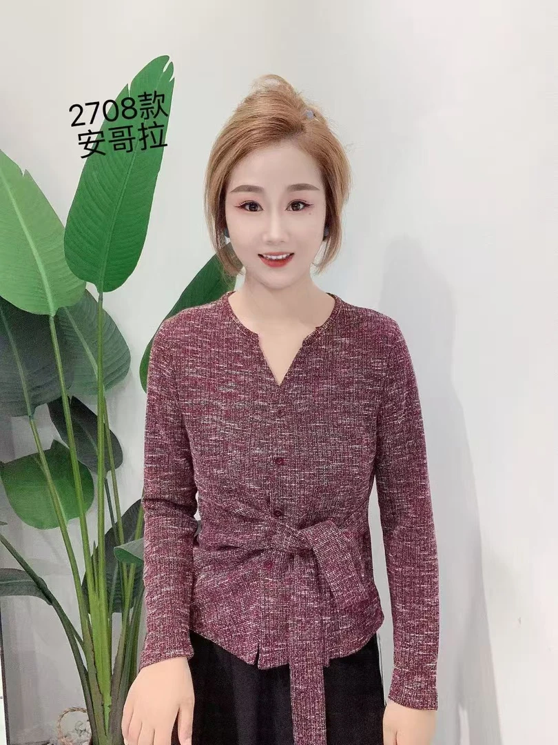 2025秋季新款法式气质T恤V领绑带长袖时尚设计感上衣女#2708