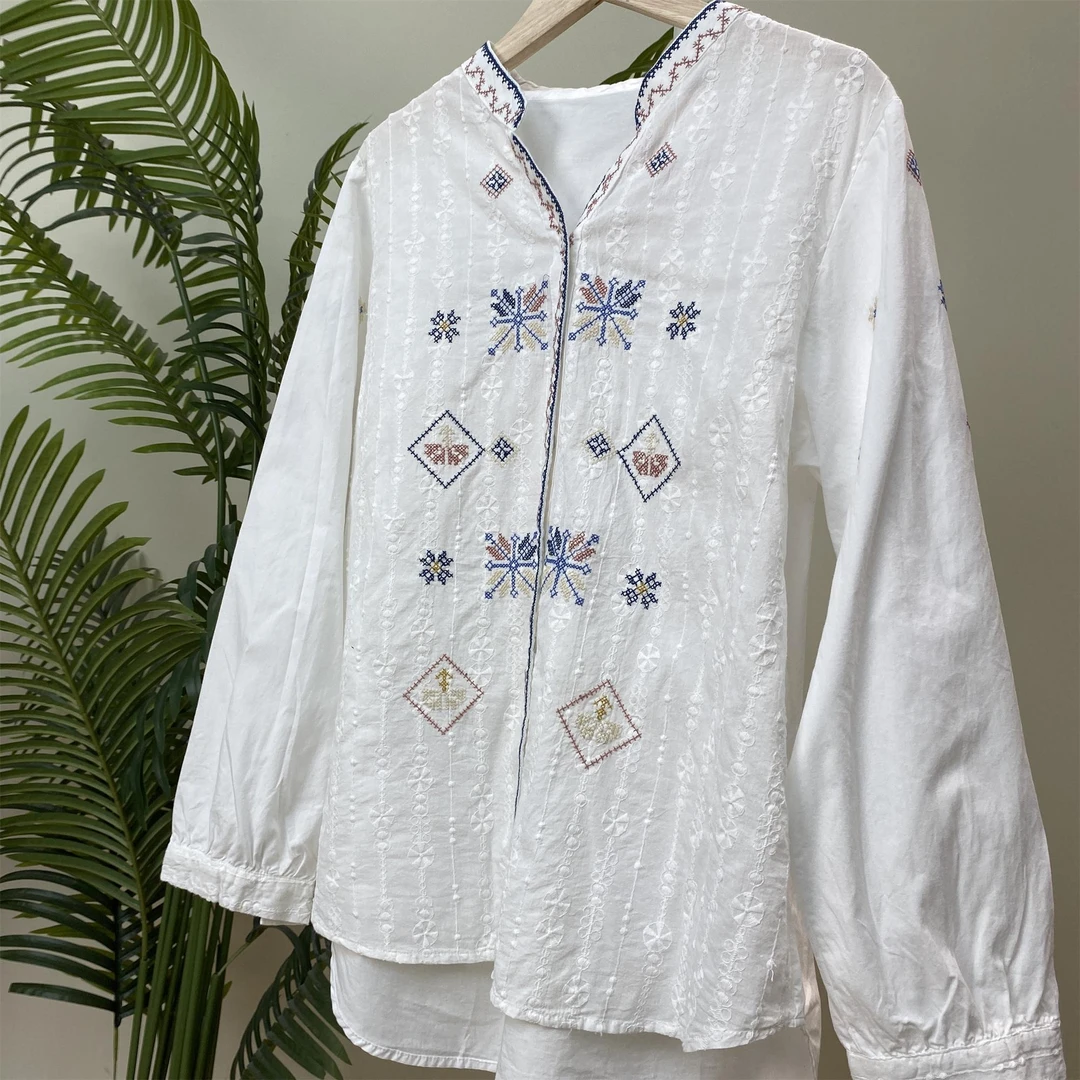 【V领民族风门襟提花棉衬衫】2732