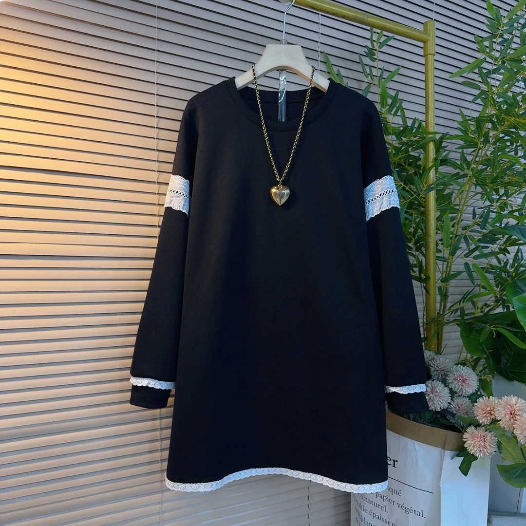 3773胖妹妹时尚纯色简约中长款圆领慵懒风遮肉显瘦刺绣花边大衫裙