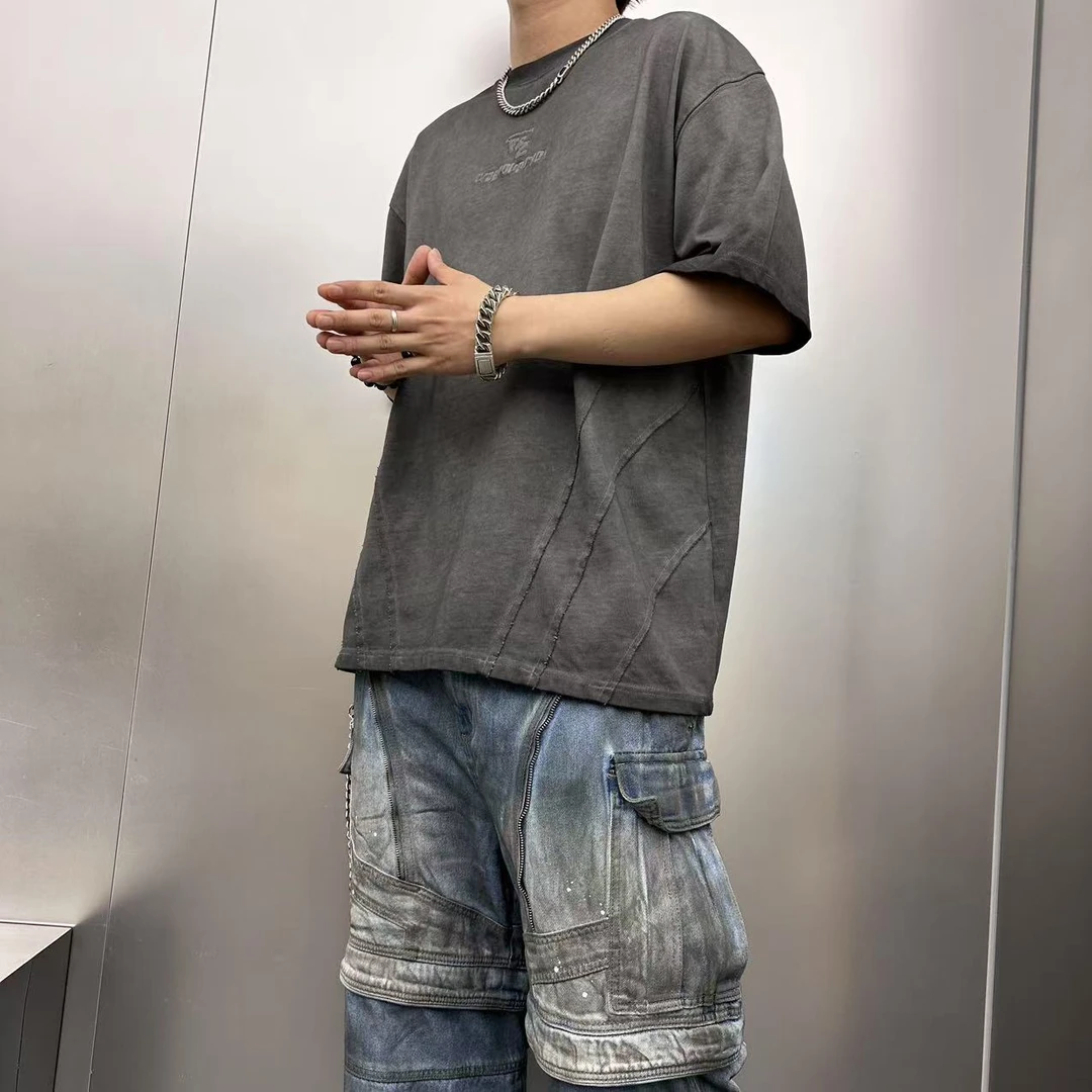 原创小众美式复古分割毛边男士短袖夏季高街潮牌宽松做旧体恤百搭