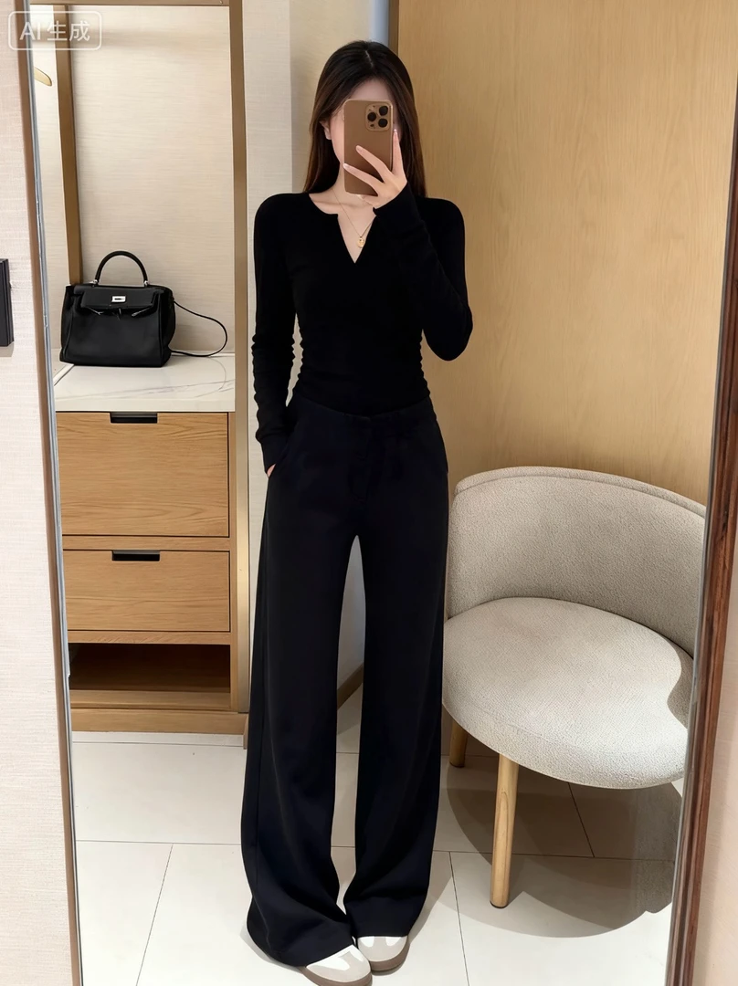 秋季天丝砂洗直筒弯刀裤显瘦黑色帕梅拉卫裤女
