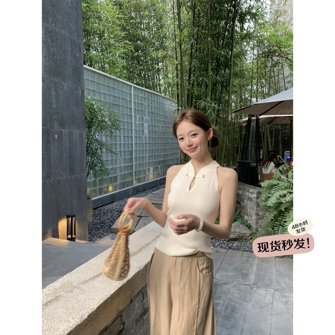 万万-清清【柔光铃兰】新中式挂脖背心设计感盘扣修身无袖内搭上衣