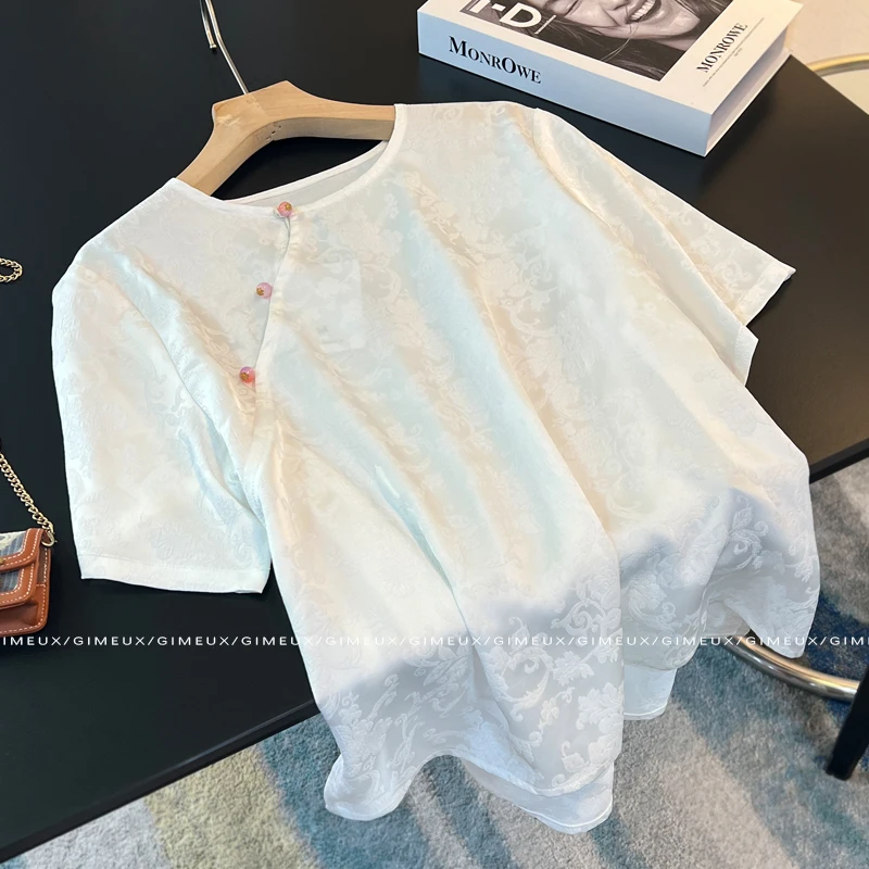 2025夏季新款国风斜襟提花新中式衬衫女高级感小众宽松气质短T恤