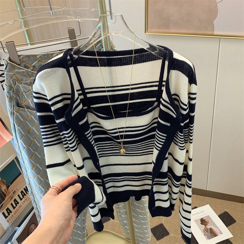 复古条纹针织衫两件套女2024早秋新款纯欲性感短款吊带外搭小外套