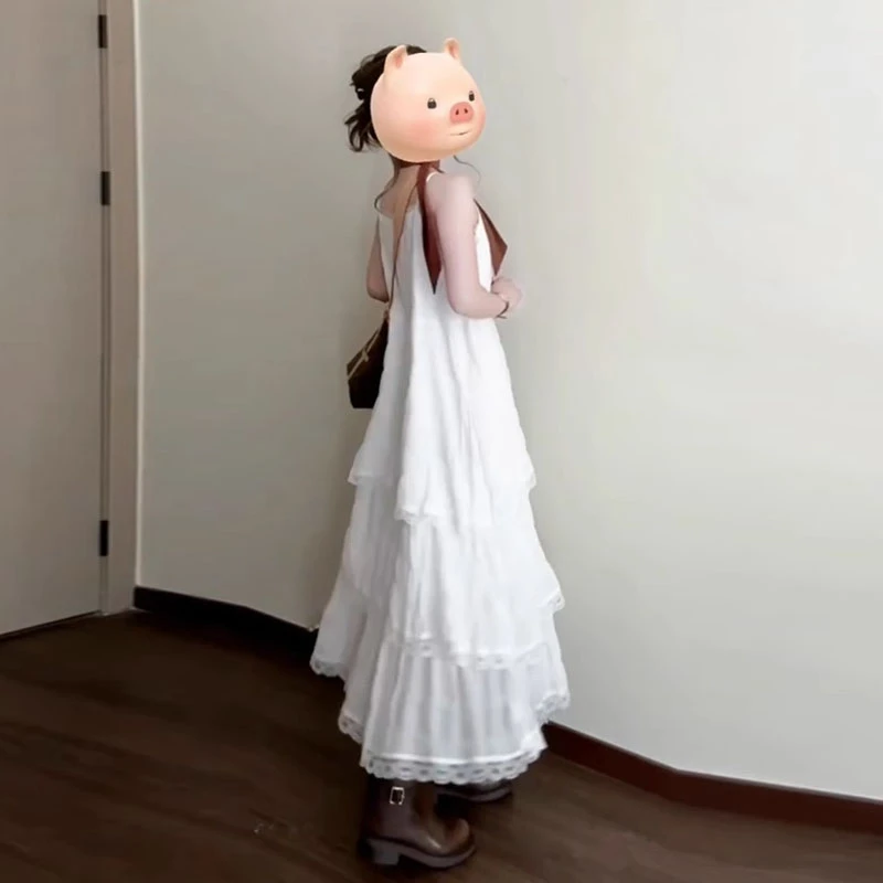 夏季海边度假穿搭白色吊带连衣裙子女装夏季新款无袖蛋糕裙长裙子