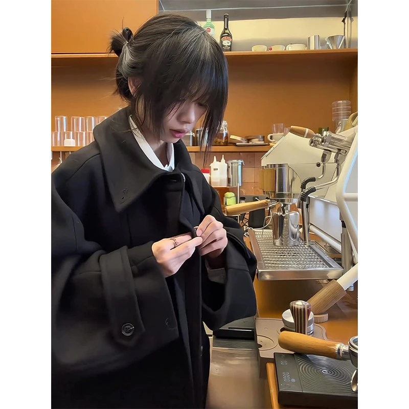 newdecay黑色毛呢大衣男中长款秋冬季高级感保暖加厚风衣呢子外套