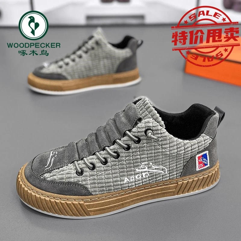 【正品】啄木鸟帆布男鞋春秋季灯芯绒平板鞋一脚蹬老北京布鞋软底鞋