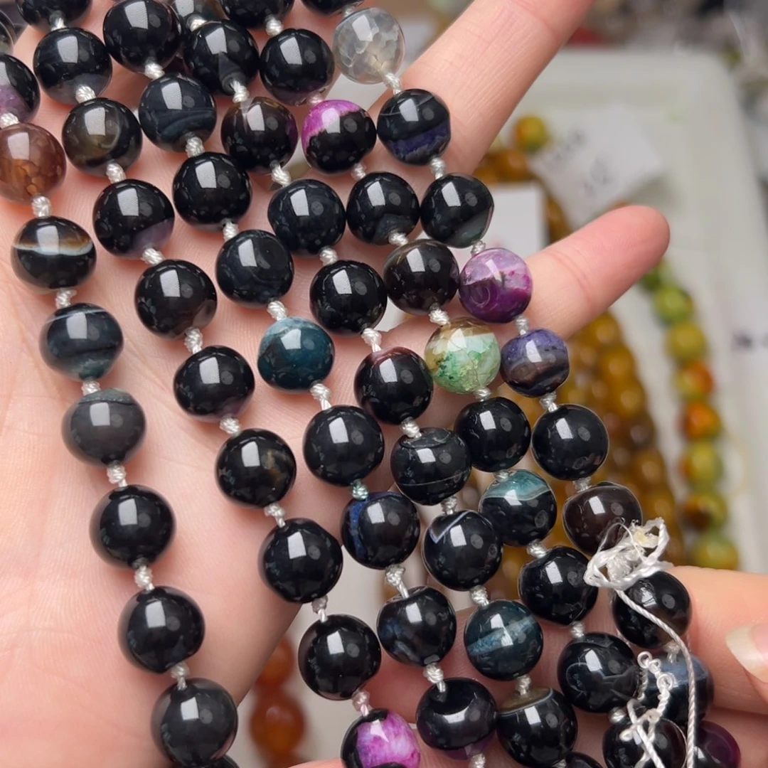 玛瑙/玉髓合金珠宝半成品L563。10mm天然七彩水晶玛瑙共生圆珠一条