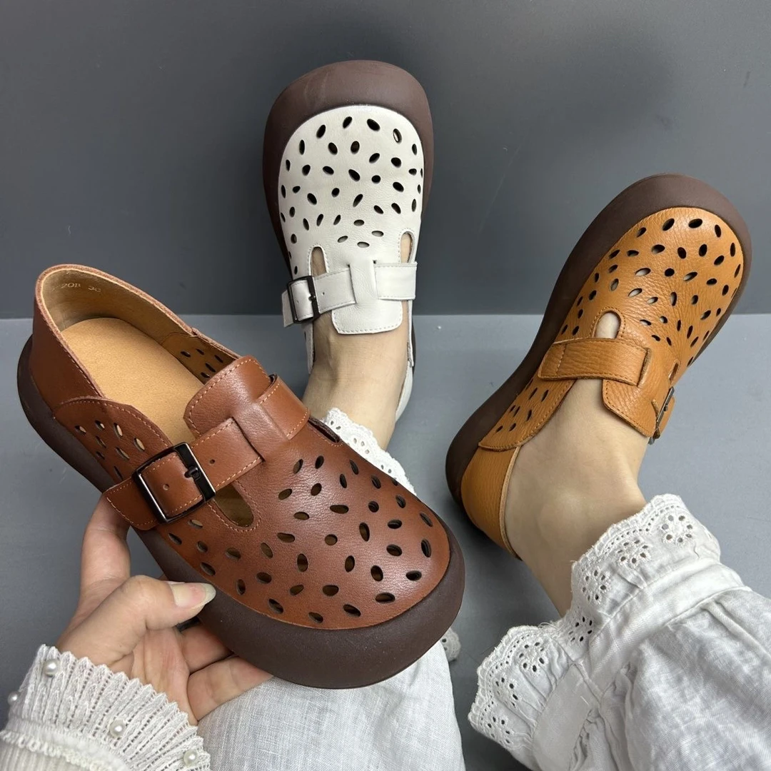 头层牛皮镂空手工复古休闲风夏季透气民族风厚底防滑舒适玛丽珍