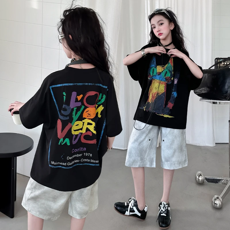 2025女童新款招财猫个性印花套装时尚中大童百搭宽松显瘦休闲洋气