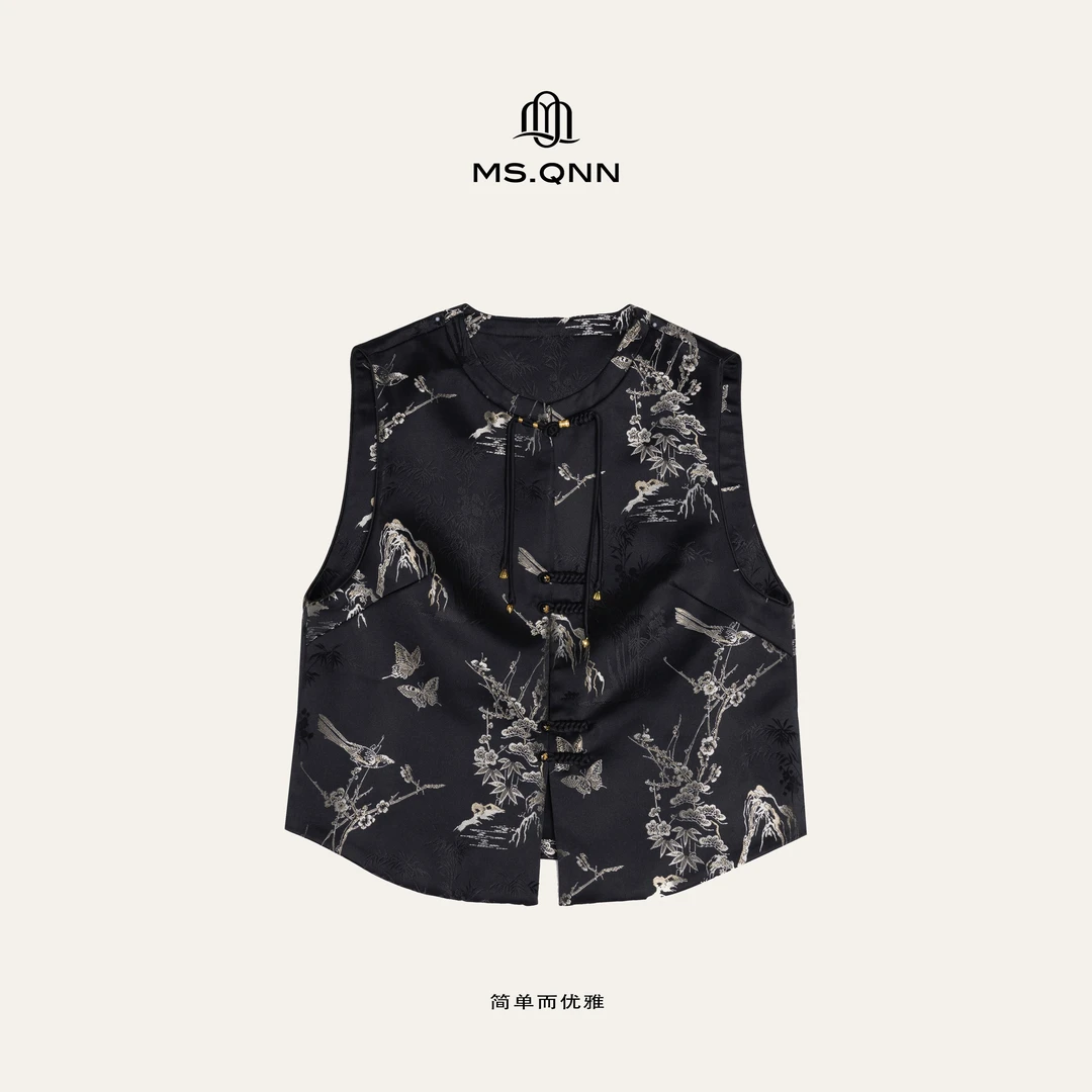 Ms.Qnn“山水如画” 中式印花无袖百搭圆领盘扣马甲 36C151 Q姐