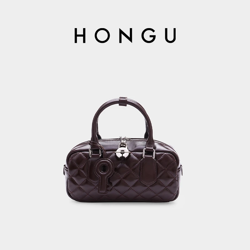 HONGU/红谷牛皮小众手拎单肩包女枕头包菱格时尚斜挎包H5136849X