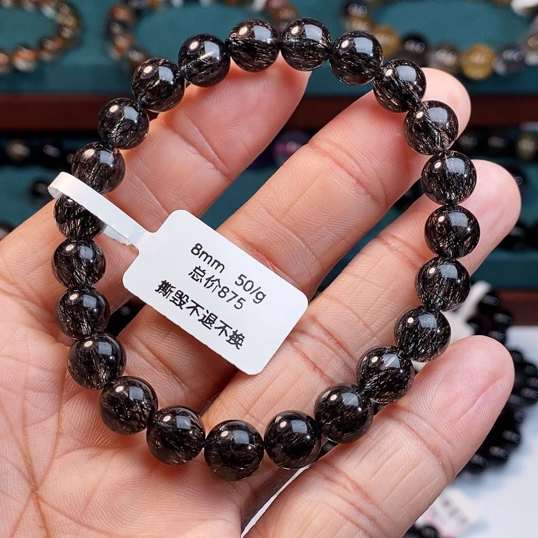 水晶手串未镶嵌黑发晶全透体满发蕾丝8mm