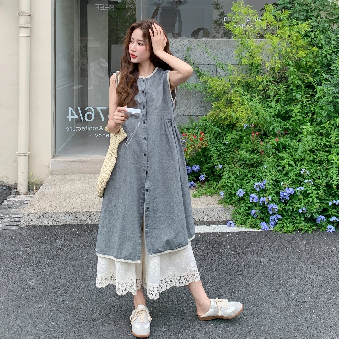 韩系夏季穿搭减龄气质套装女背心连衣裙叠穿蕾丝花边阔腿裤两件套