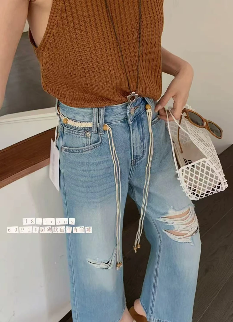 杨家牛仔夏季破洞九分直筒裤6091款