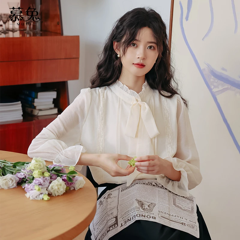 【粉丝专属】13038法式气质立领蝴蝶结长袖衬衫女设计感小众上衣