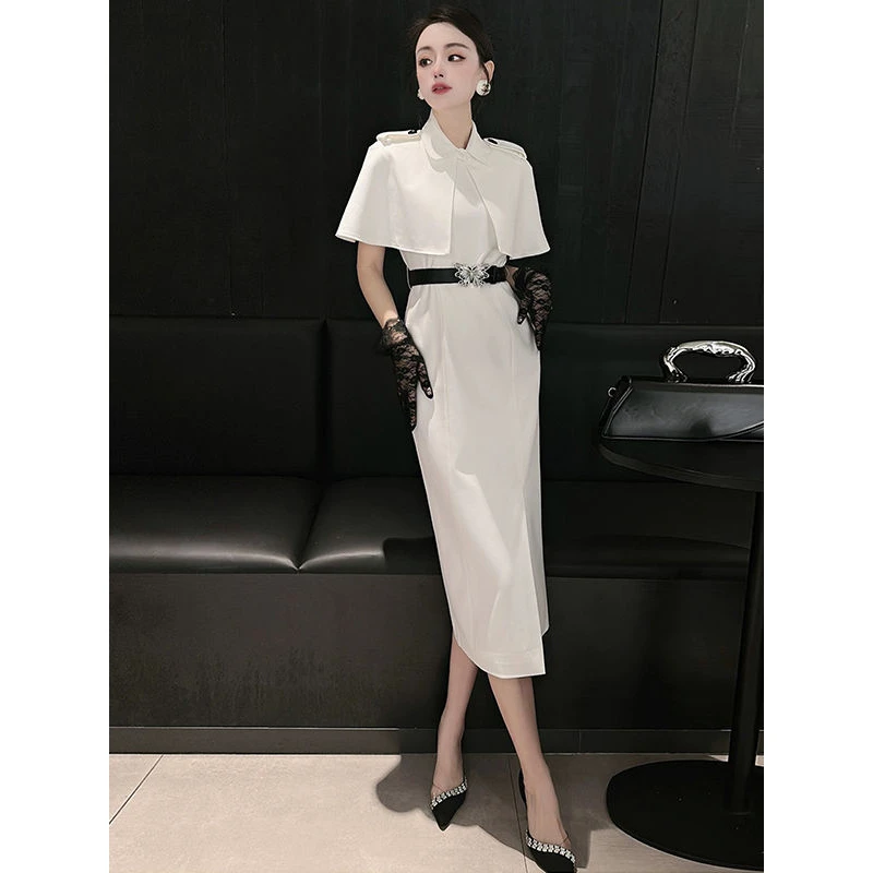 2025早秋新款名媛气质斗篷连衣裙白色肩章高腰显瘦高级感短袖长裙