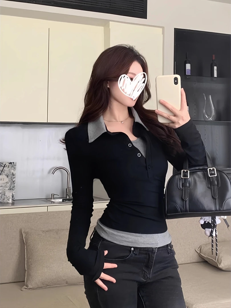 美式轻职风黑色辣妹polo假两件长袖t恤女秋修身设计感半开领上衣