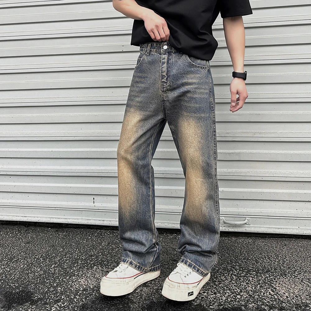 美式复古水洗做旧牛仔裤男士春秋潮牌高街直筒裤痞帅百搭微喇裤潮