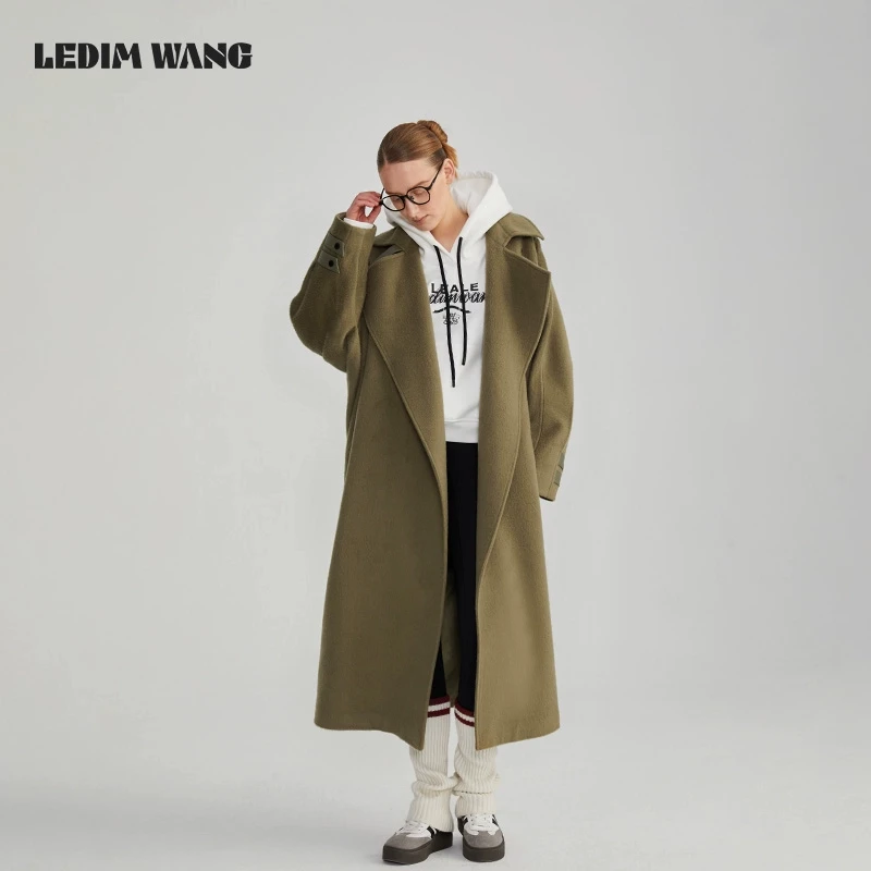 ledim wang极简宽松蝙蝠袖毛呢氛围感外套女2024冬季新款阔形大衣