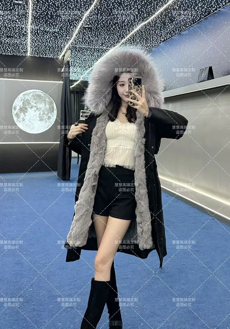 慧慧【若竹獭兔毛+棉袖】獭兔毛内胆长款收腰显瘦休闲冬季女士外套