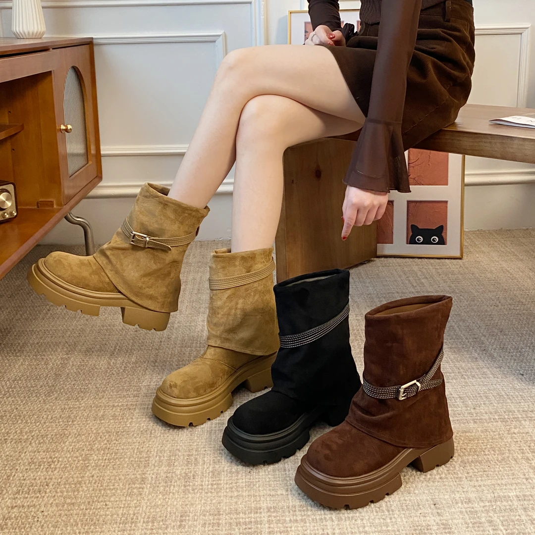 贾不假短靴女款2025秋季新款网红复古风百搭洋气小个子厚底时装靴