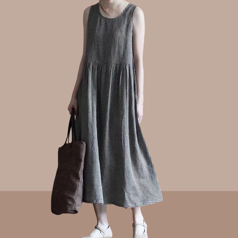 夏装时尚新款大码女装文艺复古洋气格子亚麻无袖长裙圆领连衣裙
