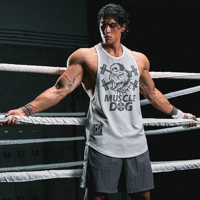 肌肉狗运动背心男夏季美式印花宽松无袖肌理感训练服健身健身衣男