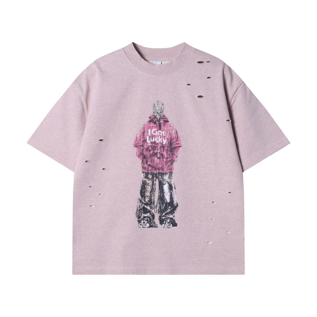 夏季新款时尚个性潮嘻哈印花字母破洞圆领短袖T恤百搭潮流上衣