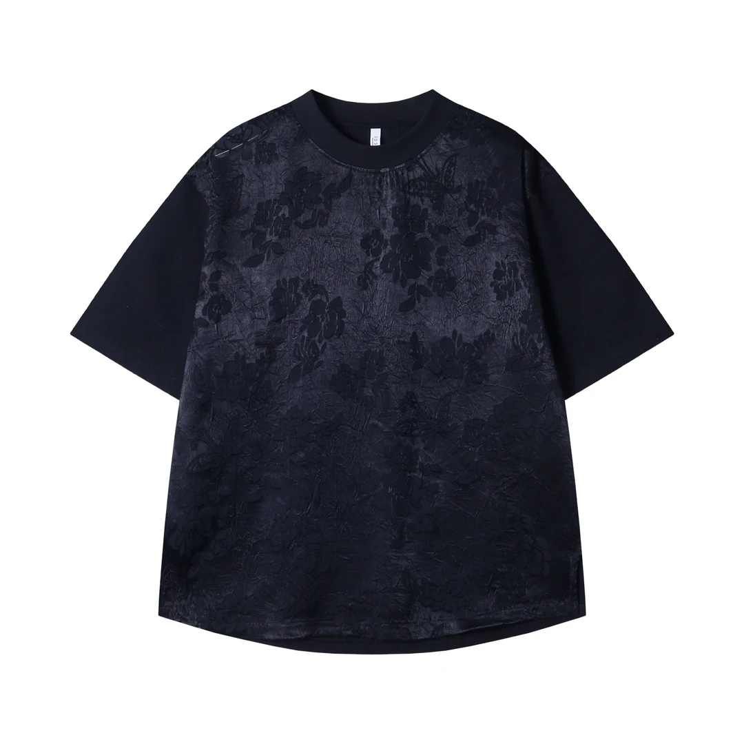 早春新款时尚个性韩版拼接褶皱亮面提花圆领短袖T恤休闲百搭上衣