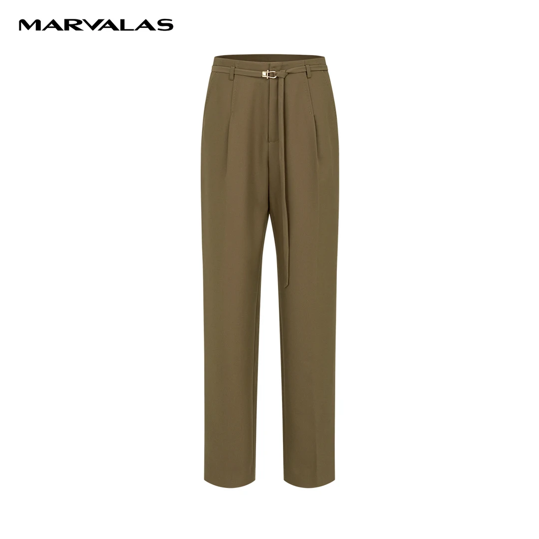 【粉丝专属】曼德诗纯色高腰休闲裤2023秋季直筒烟管长裤M102305179