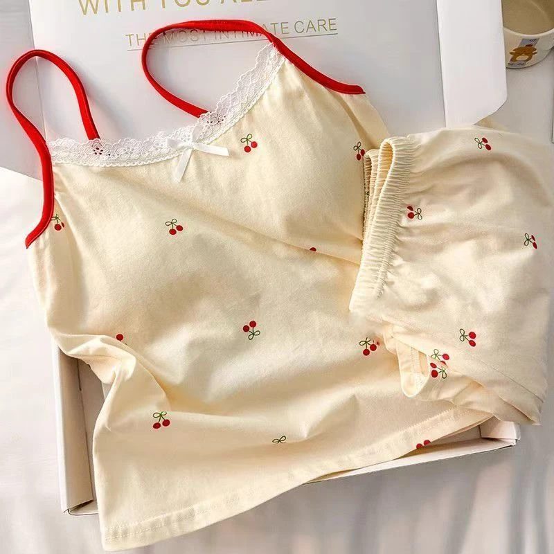 夏季新款纯欲风可爱甜美蕾丝樱桃印花吊带睡衣女短裤家居服套装